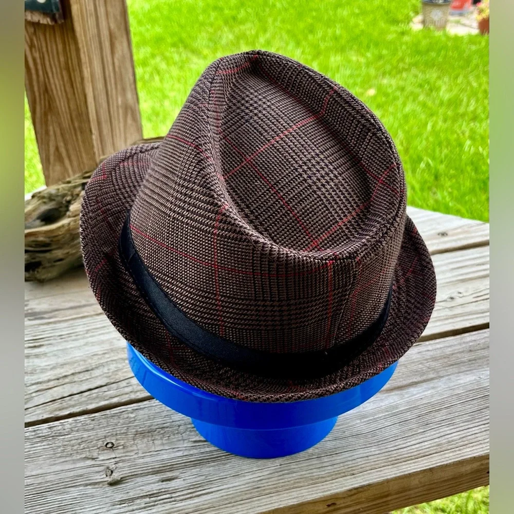 Stylish Brown‎ Plaid Fedora HatSize Medium /Large 57